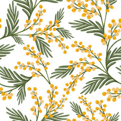 Botanical seamless pattern with yellow mimosa flowers and leaves on white background. illustration for textile print, wallpaper, wrapping paper, wattle