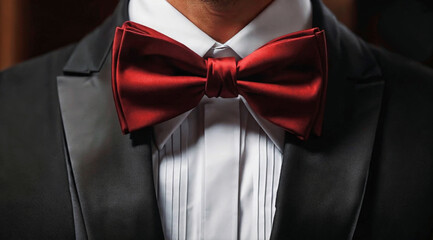 A gentleman adorned in a sleek black suit paired with a vibrant red bow tie