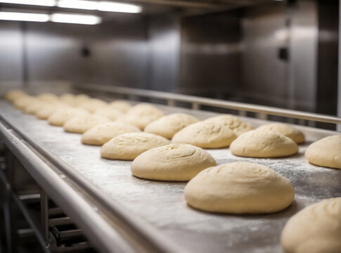 Dough on a conveyor in a bakery, awaiting transformation into fresh bread through automated processes of shaping, proofing, and baking