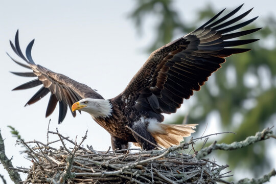 Young Bald Eagle Leaving the Nest and Taking Its First Flight into the Open Sky. The Contrast with the Adult Eagle Emphasizes the Beginning of a New Adventure.