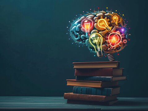 brain on a pile of books. idea brain with neon lights with copy space area for text