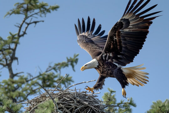 Young Bald Eagle Leaving the Nest and Taking Its First Flight into the Open Sky. The Contrast with the Adult Eagle Emphasizes the Beginning of a New Adventure.
