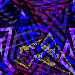 Blue bright neon geometric. Seamless pattern - 729358580