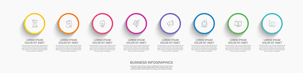 Vector timeline infographics template with eight circles and options. Blank space for web, infographic, diagram, business, digital network, flowchart, presentations