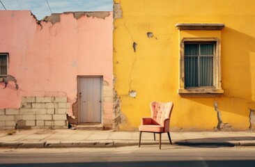 Vintage Pink Armchair Against Cracked Yellow Wall - 729358723