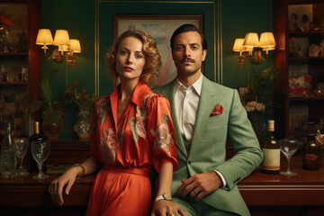 Elegant man and woman posing at home - 729358783