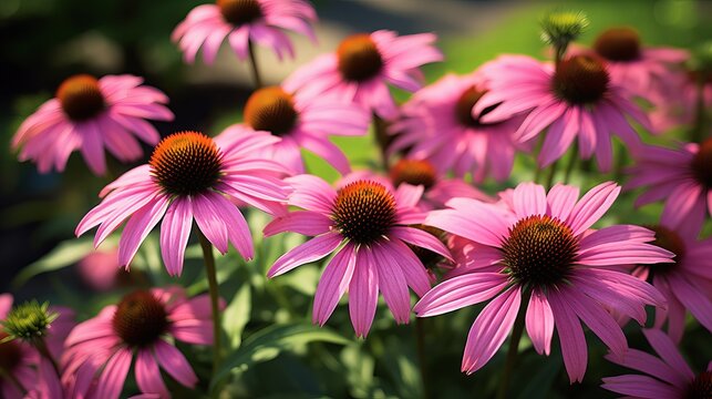 Echinacea flowers in a park. A flowering field of echinacea. It is a genus of herbaceous flowering plants in the daisy family. Close up on the flowers of this plant