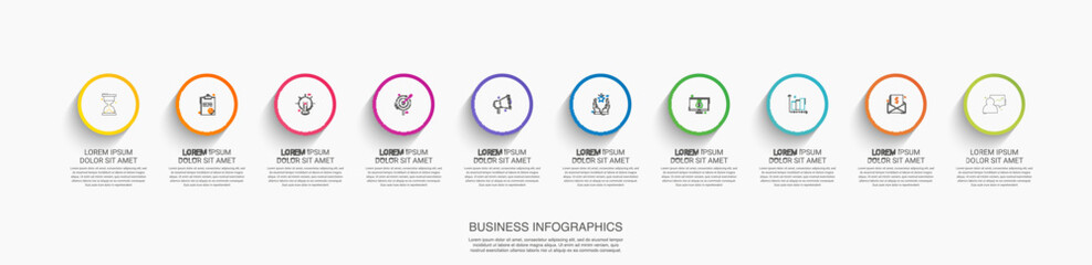 Vector timeline infographics template with ten circles and options. Blank space for web, infographic, diagram, business, digital network, flowchart, presentations
