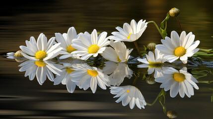 daisy blooms reflected in a tranquil pond