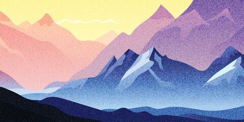 Sunrise in the mountains, morning haze and fog, noise pattern, pointillism, vector illustration