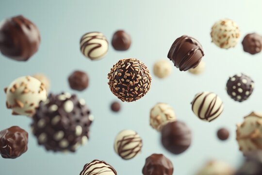 Assorted chocolate truffles falling through the air, isolated on pale blue background