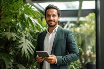 Fototapeta premium Smiling Young Entrepreneur with Tablet in Green Space