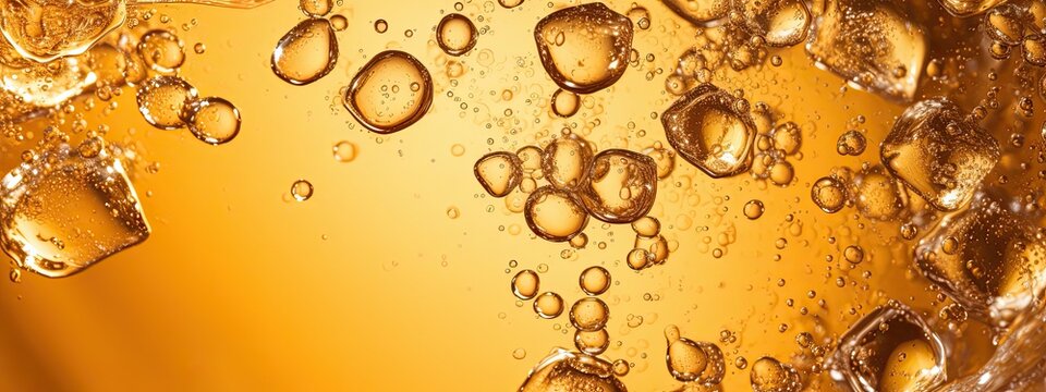 a glas of light light yellow brown soda, with alot of bubbles and smal fizzes and couple of ice cubes. Zoomed in so we see the top half of the glas, Perspective zoomed in on surface, from slighty abov