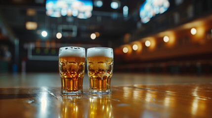 Cinematic wide angle photograph of two beer pint glass Cinematic wide angle photograph of a beer pint glass at a basketball stadium. Product photography. Product photography. - obrazy, fototapety, plakaty