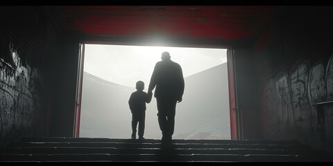 Father and son walking out of the baseball stadium tunnel towards the field on a sunny day