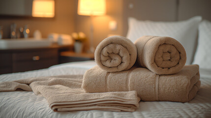 Obraz na płótnie Canvas Towels on bed in hotel room, closeup. Interior design