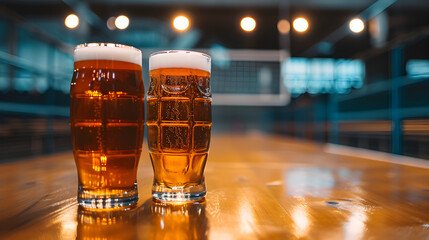 Cinematic wide angle photograph of two beer pint glass Cinematic wide angle photograph of a beer pint glass at a volleyball stadium. Product photography. Product photography. - obrazy, fototapety, plakaty