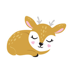 Illustration of cute deer, fawn. Baby, child, cute portrait. Little face, little animal, pet. Brown character, colorful graphic. Stickers, wall art, kids room decoration, cutie full face, small fawn
