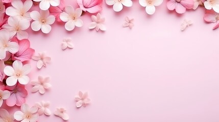 Flowers composition. Frame made of pink flowers on pastel pink background. Valentines day, mothers day, womens day concept. Flat lay, top view, copy space
