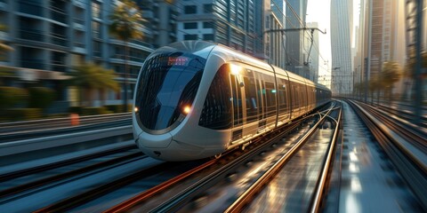Modern commuter train high speed with urban landscape at sunset. High quality images, sharp details with professional shooting angles. ai generated