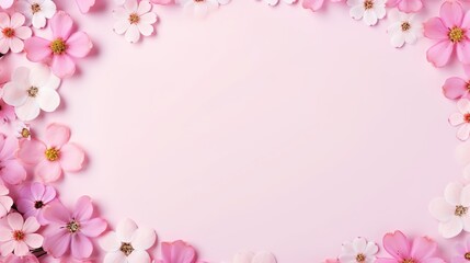Fototapeta na wymiar Flowers composition. Frame made of pink flowers on pastel pink background. Valentines day, mothers day, womens day concept. Flat lay, top view, copy space