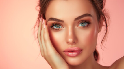 Fototapeta premium A stunning beauty model showcasing flawless makeup and elegant nail care