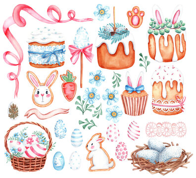 Watercolor set of clipart for Easter holidays. Easter cake, basket with eggs, flowers, ribbon for framing, eggs, baked goods in the shape of a bunny. Handmade.