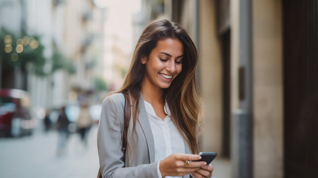 Woman on the street, looking into her smartphone, smiling being happy, she received good news. 