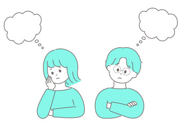 考え事をして頭からもやが出ている男女のイラスト