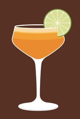 Illustration of glass glasses with cocktails, juices and drinks decorated with fruit lime.