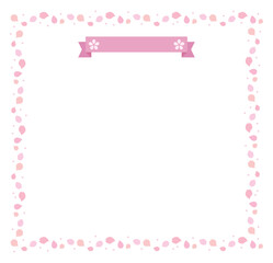 A border frame illustration background with a ribbon and surrounded by pink cherry blossom petals, a representative flower of spring.