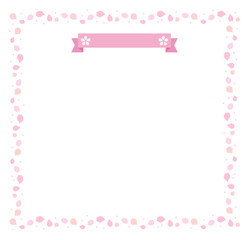 A border frame illustration background with a ribbon and surrounded by pink cherry blossom petals, a representative flower of spring.