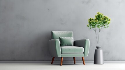 Green armchair between dandelion and plant in living room interior with copy space and grey painting