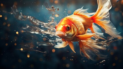 Goldfish with shark fin swim in green water and red sky, Gold fish with shark flip . Mixed media - obrazy, fototapety, plakaty