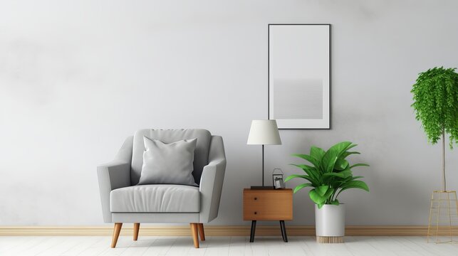 Green armchair between dandelion and plant in living room interior with copy space and grey painting