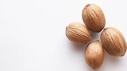 The Close Up Photography of Four Nutmeg Seeds, Textured Detail, Isolated On White, Perfect For Educational Content Or Spice Displays.