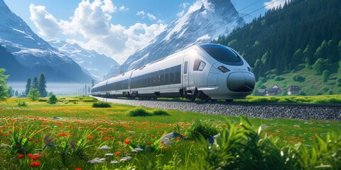 modern train passes through a meadow with mountains in the background. future train with natural scenery as a background. Ai generated