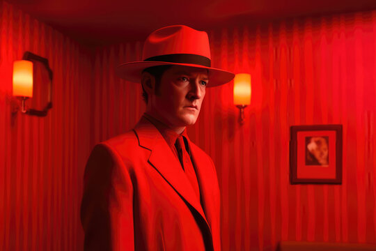 Man in Red Suit and Hat in Red Room