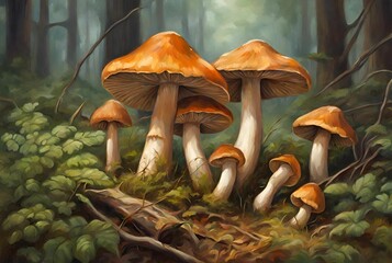 Wild Mushrooms Growing in the Forest Nature Illustration 