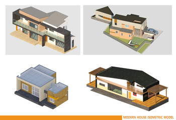 isometric set of houses, set of modern house icons, 3d rendering of a modern house collection
