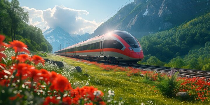 modern train passes through a meadow with mountains in the background. future train with natural scenery as a background. Ai generated