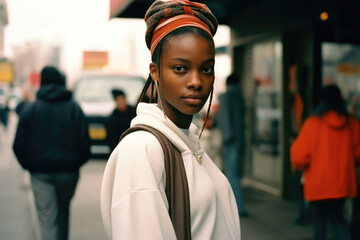 Fototapeta na wymiar Confident African Woman in Urban Street Fashion