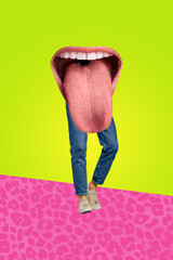 Photo artwork collage creative illustration of absurd person mouth tongue instead body legs stick...