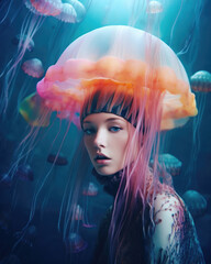 Surreal Underwater Portrait of a Girl Among Jellyfish