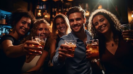 Group of friends partying in a nightclub and toasting drinks. Happy young people with cocktails at pub