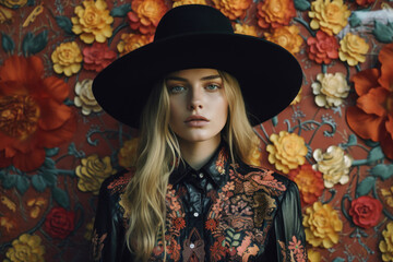 Cowboy Elegance. Woman in Black Hat and Embroidered Jacket