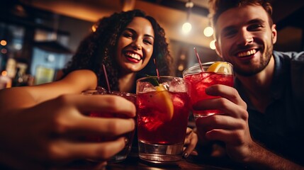 Group of friends partying in a nightclub and toasting drinks. Happy young people with cocktails at pub