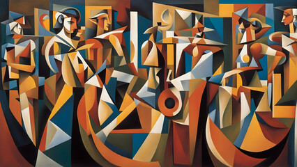 cubist style abstract painting of a group of people on a geometric background