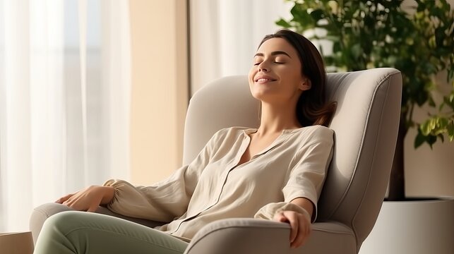 Happy millennial Caucasian girl sit rest in armchair in living room stretch relieve negative emotions, smiling young woman do morning exercise, rest in comfortable chair at home, stress