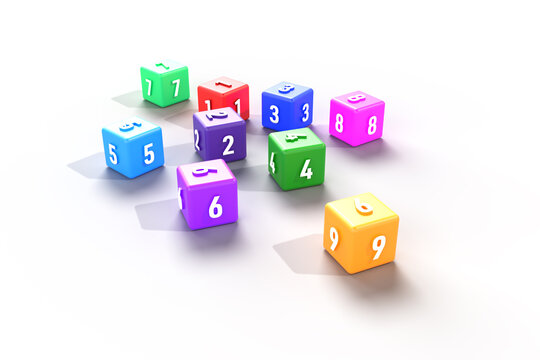 3d render cubes and numbers on it. numbers on 3d cubes. colored cubes and numbers 1-9